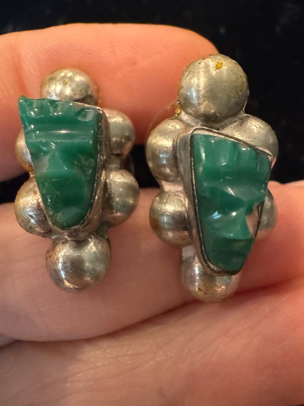 Mexican Sterling Silver Carved Green Mask Earrings